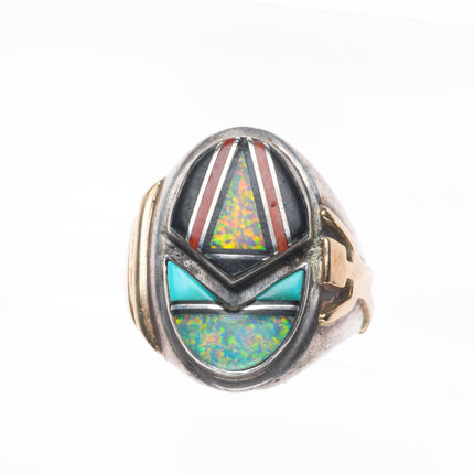 sz11.5 Vintage LJ Navajo sterling silver gold accents channel inlay men's ring