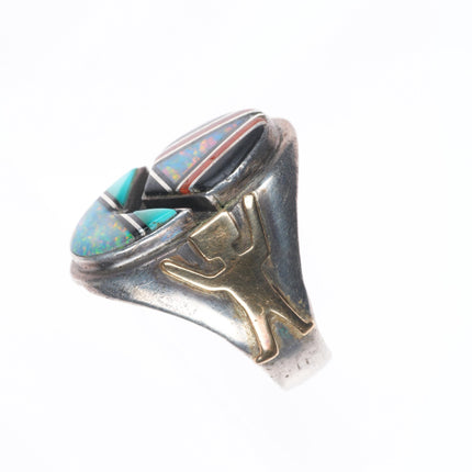 sz11.5 Vintage LJ Navajo sterling silver gold accents channel inlay men's ring