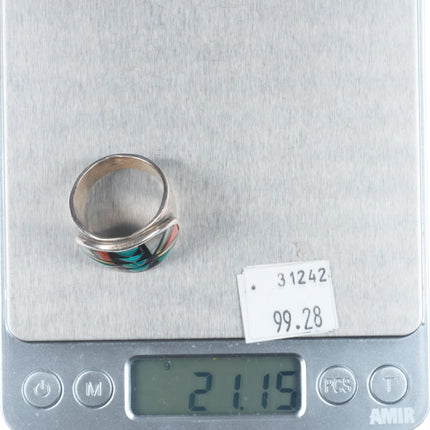 sz11 Big Vintage John & Rosalie Bowannie sterling silver intarsia inlay ring