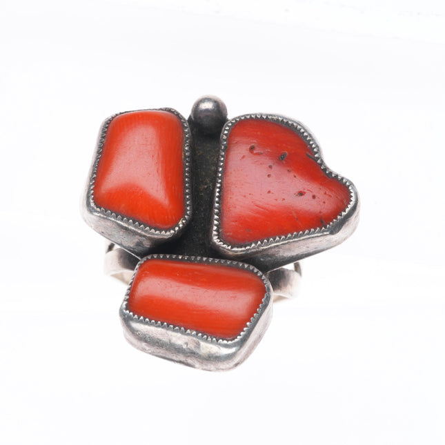 sz9.5 Vintage Native American sterling silver abstract freeform red coral ring