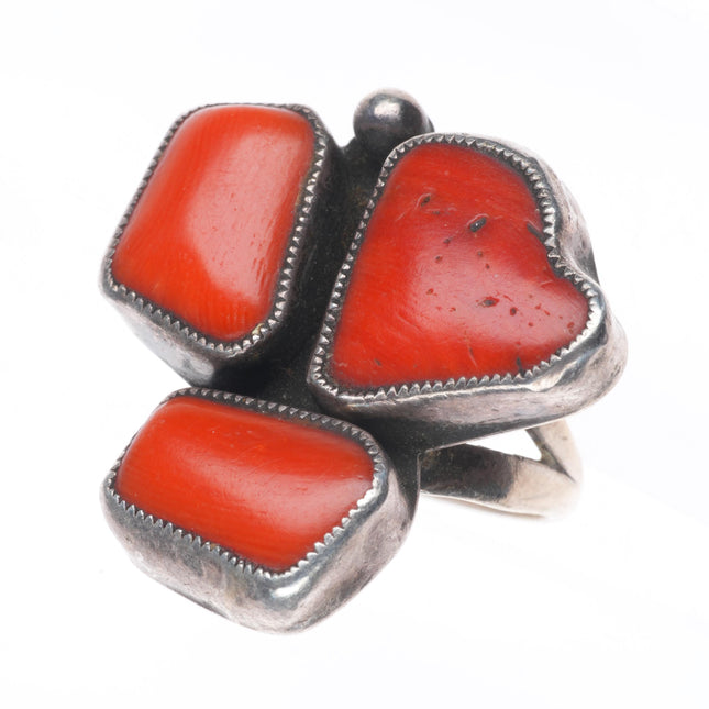 sz9.5 Vintage Native American sterling silver abstract freeform red coral ring