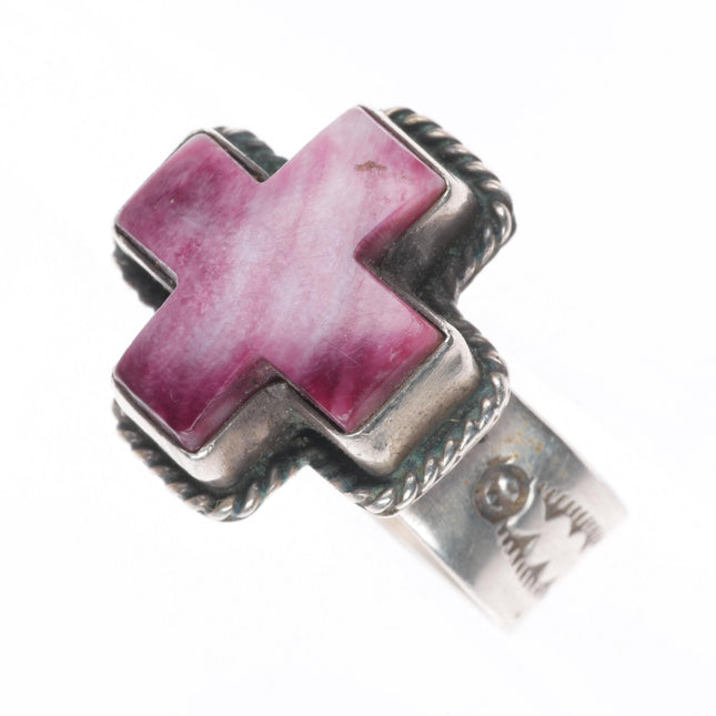 sz9 Gary G Navajo adjustable sterling silver spiny oyster cross ring