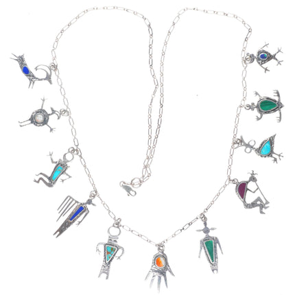 28" Dee Morris southwestern Sterling silver Petroglyph multistone charm necklace