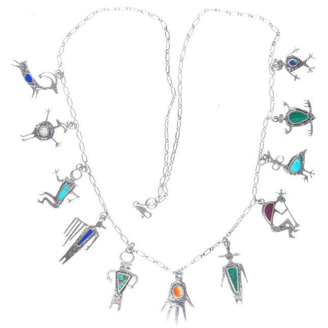 28" Dee Morris southwestern Sterling silver Petroglyph multistone charm necklace