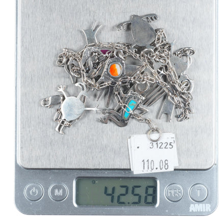 28" Dee Morris southwestern Sterling silver Petroglyph multistone charm necklace