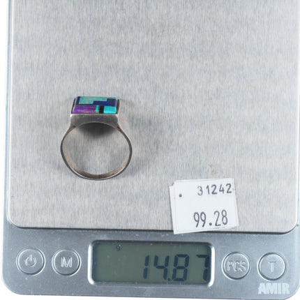 sz12 Vintage Navajo sugilite, turquoise, lapis sterling silver men's inlay ring