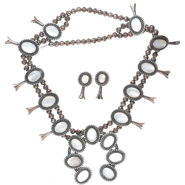 Vintage Navajo sterling silver mother of pearl squash blossom necklace/earrings