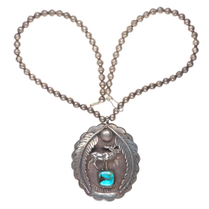 22" Large Vintage Navajo sterling silver deer pendant beaded necklace turquoise