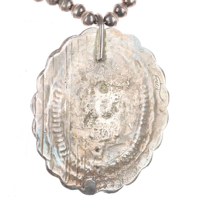 22" Large Vintage Navajo sterling silver deer pendant beaded necklace turquoise