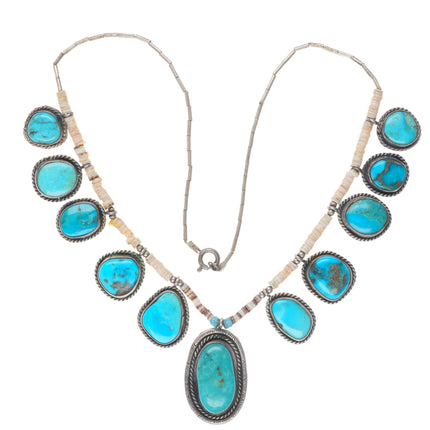 16" Vintage Native American sterling silver shell heishi turquoise tab necklace