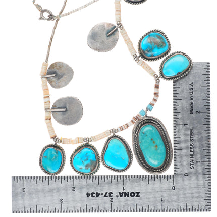 16" Vintage Native American sterling silver shell heishi turquoise tab necklace