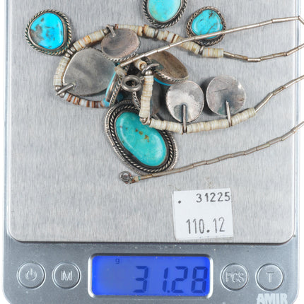 16" Vintage Native American sterling silver shell heishi turquoise tab necklace