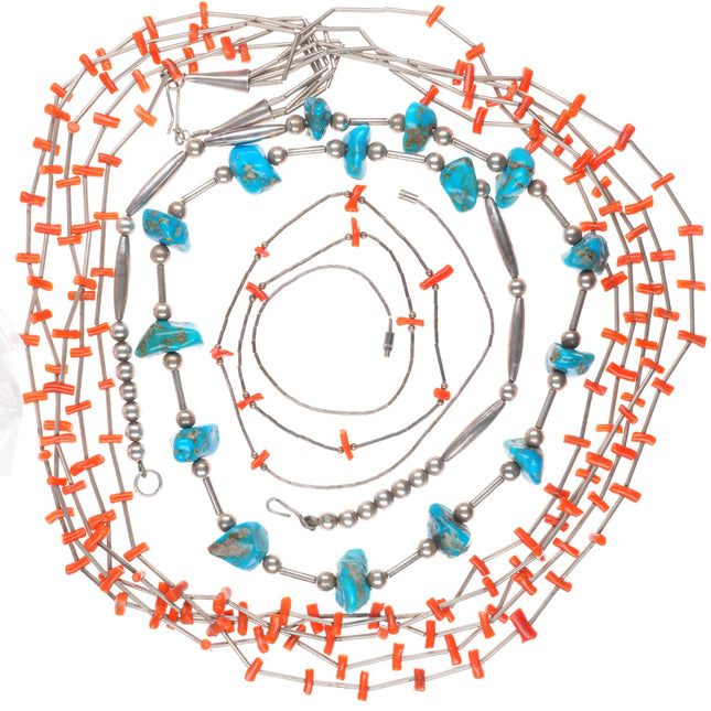 26"-30" Vintage Native American sterling silver turquoise/Coral beaded necklaces