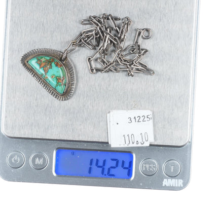 17" c1940's Navajo sterling silver high grade turquoise pendant necklace