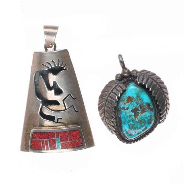 Vintage Navajo sterling silver turquoise/coral channel inlay pendant lot