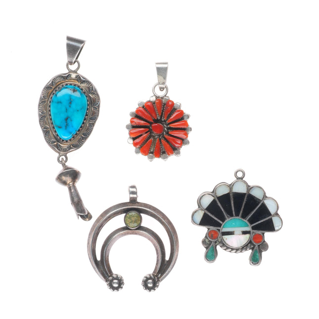 Vintage Navajo/Zuni sterling silver turquoise/coral/channel inlay pendant lot