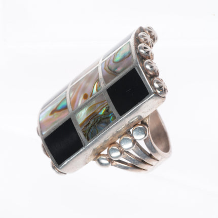 sz8.75 Large vintage Zuni sterling silver shell/jet channel inlay ring
