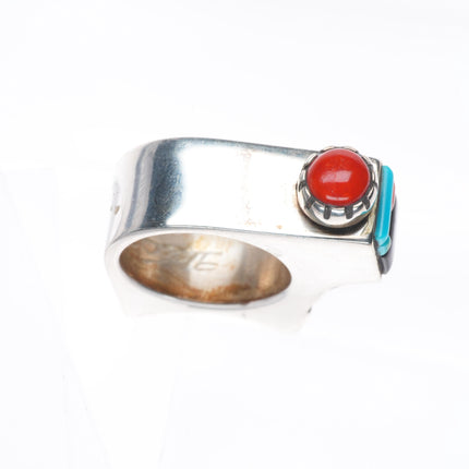 sz7 Richard Tsosie Navajo coral,turquoise, sterling silver bear form ring