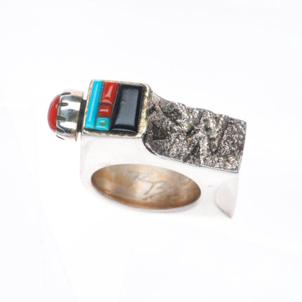 sz7 Richard Tsosie Navajo coral,turquoise, sterling silver bear form ring