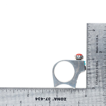 sz7 Richard Tsosie Navajo coral,turquoise, sterling silver bear form ring