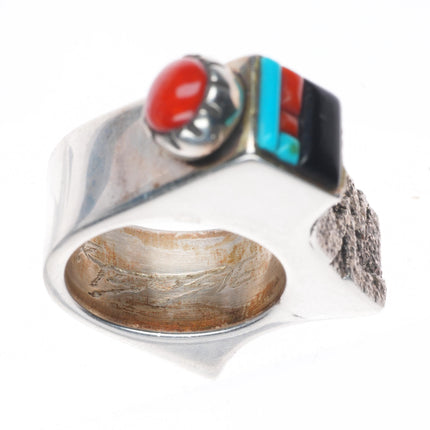 sz7 Richard Tsosie Navajo coral,turquoise, sterling silver bear form ring