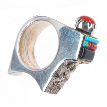sz7 Richard Tsosie Navajo coral,turquoise, sterling silver bear form ring