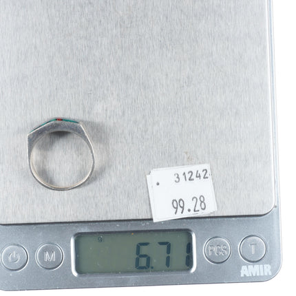 sz10.5 Jim Harrison Navajo sterling silver intarsia inlay turquoise/coral ring