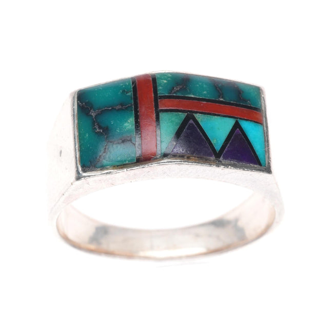 sz10.5 Jim Harrison Navajo sterling silver intarsia inlay turquoise/coral ring