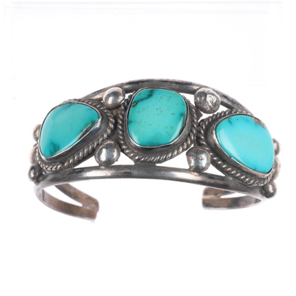 6.9" Vintage Navajo 3 stone turquoise sterling silver cuff bracelet TM WI