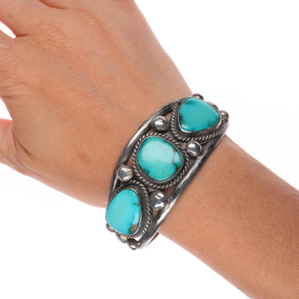 6.9" Vintage Navajo 3 stone turquoise sterling silver cuff bracelet TM WI