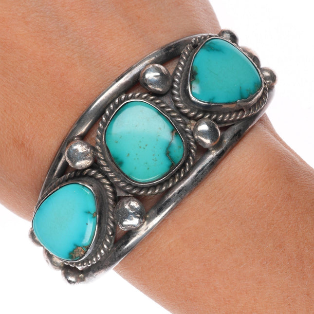 6.9" Vintage Navajo 3 stone turquoise sterling silver cuff bracelet TM WI