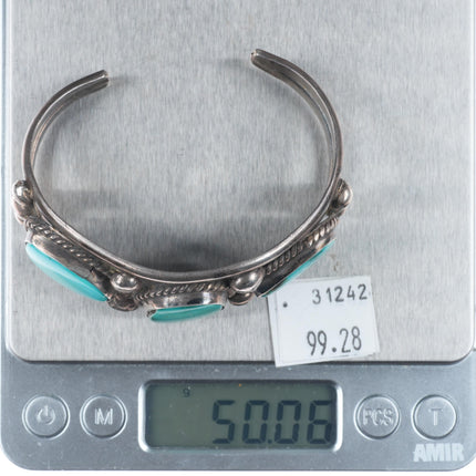6.9" Vintage Navajo 3 stone turquoise sterling silver cuff bracelet TM WI