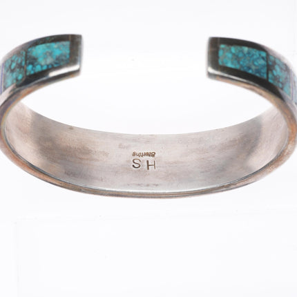 6.5" Herman Smith Navajo sterling silver spiderweb turquoise inlay cuff bracelet