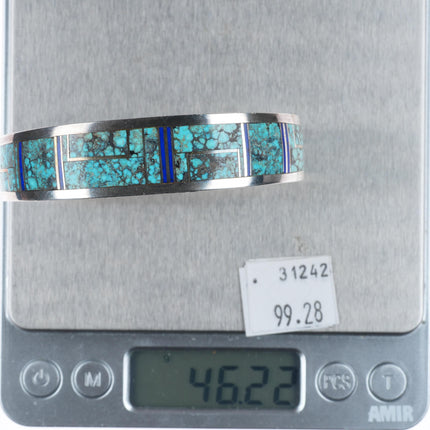 6.5" Herman Smith Navajo sterling silver spiderweb turquoise inlay cuff bracelet