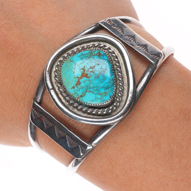 6" Vintage Navajo sterling silver spiderweb turquoise single stone cuff bracelet