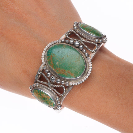 6.5" 30's-40's Navajo Cerrillos turquoise sterling silver 3 stone cuff bracelet