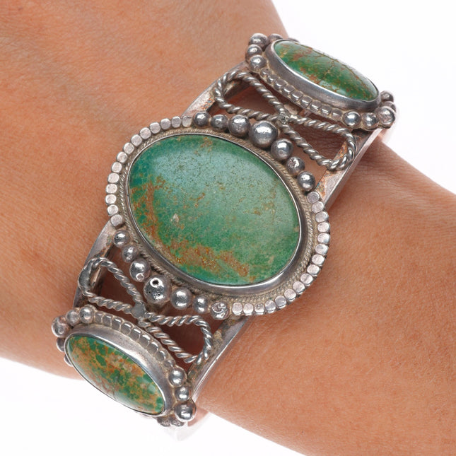 6.5" 30's-40's Navajo Cerrillos turquoise sterling silver 3 stone cuff bracelet