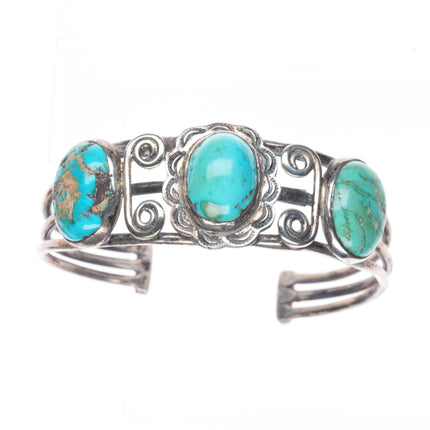7" 1930's Navajo sterling silver 3 stone cuff bracelet with stamped bezel