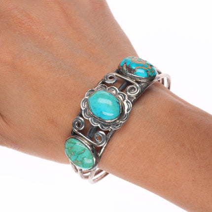 7" 1930's Navajo sterling silver 3 stone cuff bracelet with stamped bezel