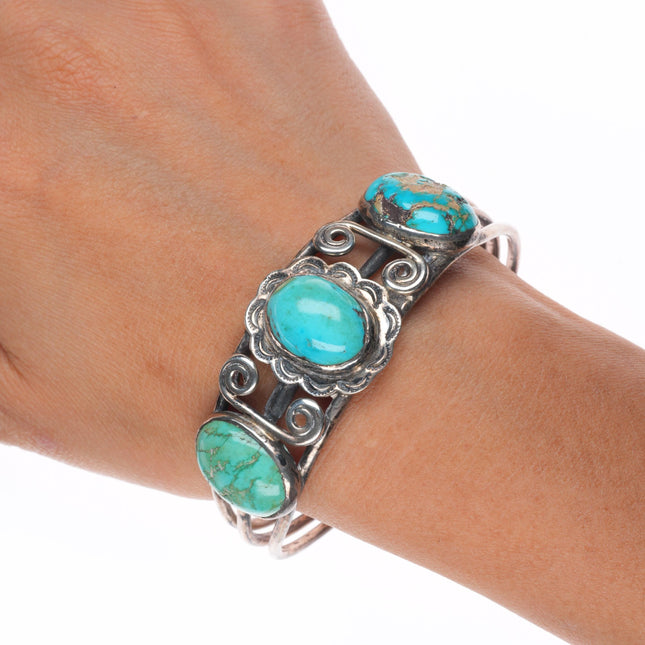 7" 1930's Navajo sterling silver 3 stone cuff bracelet with stamped bezel