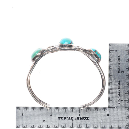 7" 1930's Navajo sterling silver 3 stone cuff bracelet with stamped bezel