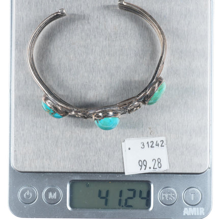 7" 1930's Navajo sterling silver 3 stone cuff bracelet with stamped bezel