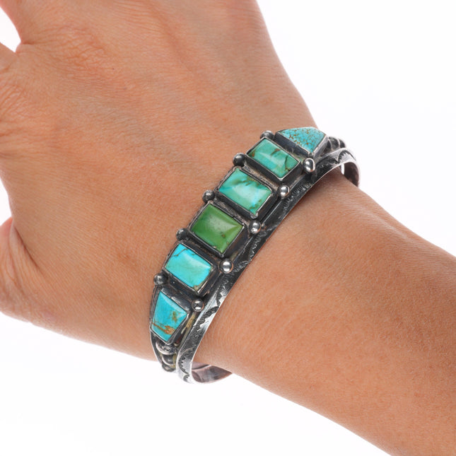 6.9" c1930's Navajo carinated sterling silver turquoise row cuff bracelet