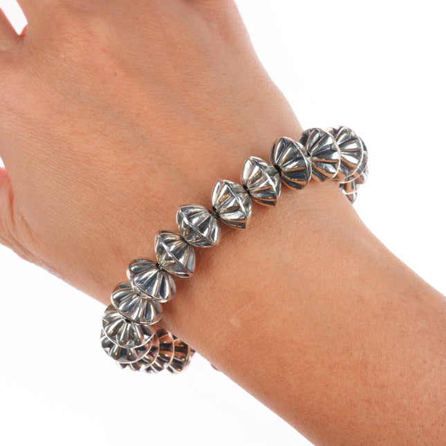 6.9" Vintage Navajo pearls sterling silver fluted beaded link bracelet