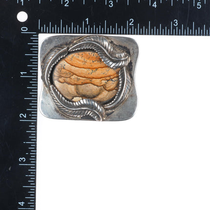 Vintage Navajo sterling silver belt buckle jasper with feather design
