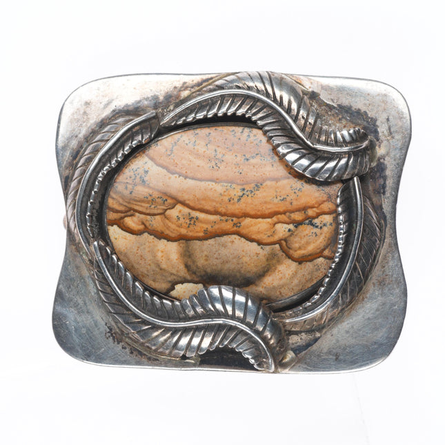 Vintage Navajo sterling silver belt buckle jasper with feather design