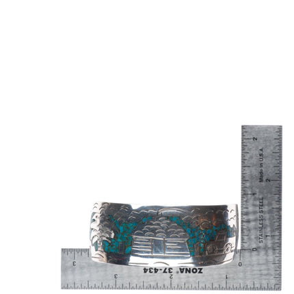 7" Vintage Navajo sterling silver chip inlay turquoise storyteller cuff bracelet