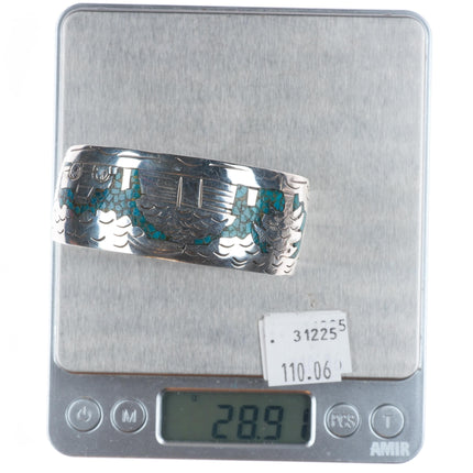 7" Vintage Navajo sterling silver chip inlay turquoise storyteller cuff bracelet