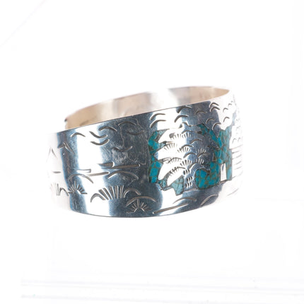 7" Vintage Navajo sterling silver chip inlay turquoise storyteller cuff bracelet