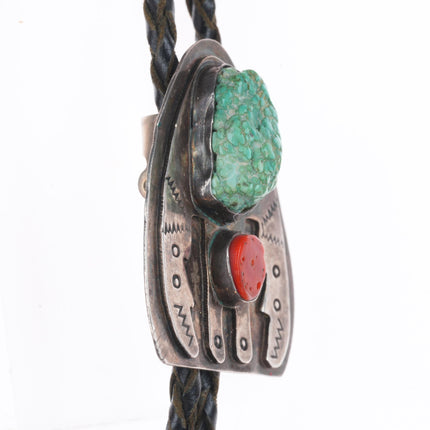 c1960 c-31 Navajo sterling silver, turquoise, coral winged figure bolo tie